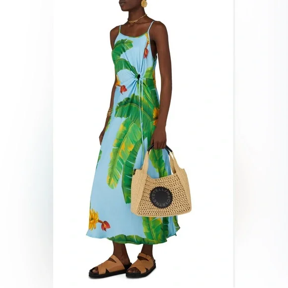farm rio blue and green dress Banana Grapes printed linen-blend midi dress - blue